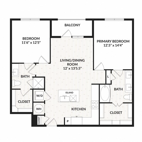 Floor plan for 2 beds, 2 baths, 1047 sqft